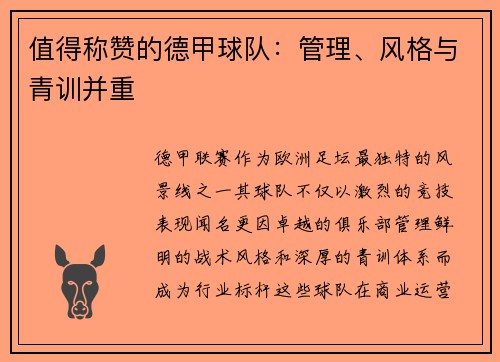 值得称赞的德甲球队：管理、风格与青训并重