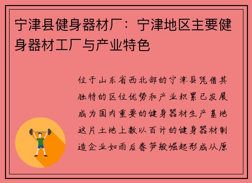 宁津县健身器材厂：宁津地区主要健身器材工厂与产业特色