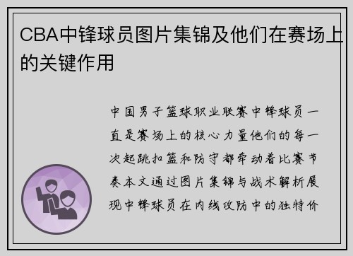 CBA中锋球员图片集锦及他们在赛场上的关键作用
